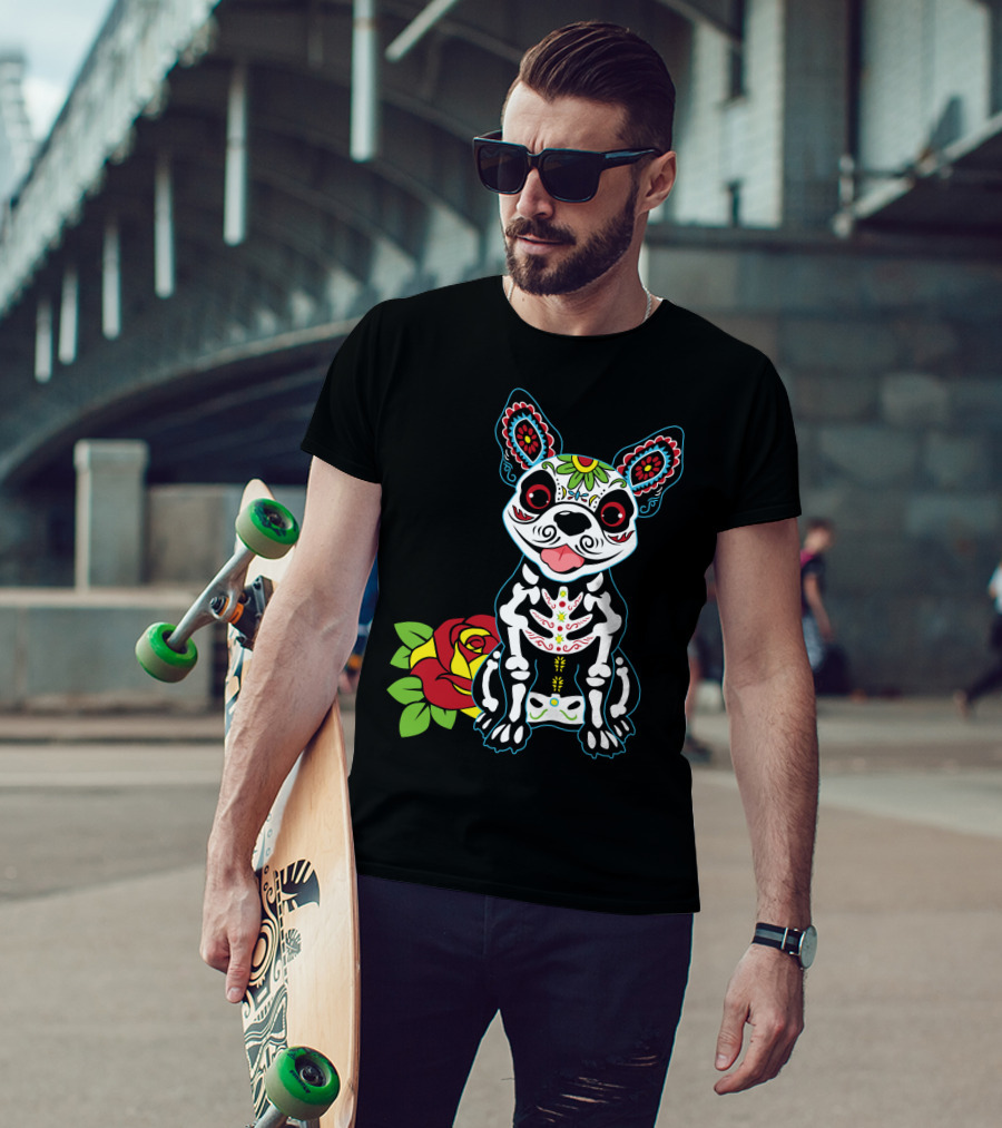 Boston Terrier Sugar Skull With Red Rose Day Of The Dead T-Shirt