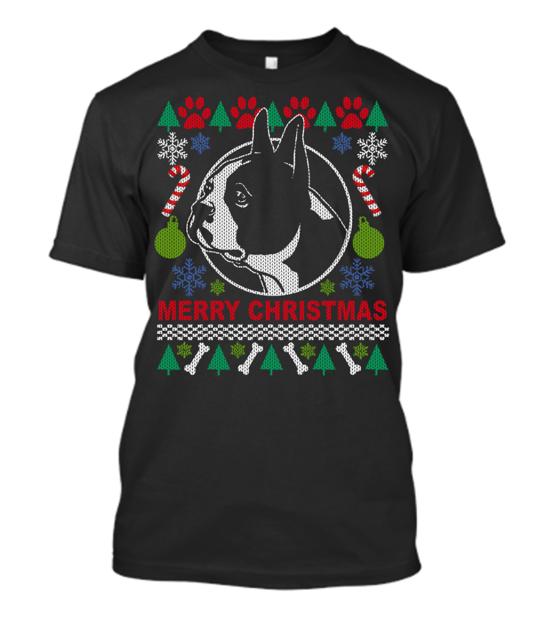 Merry Christmas Boston Terrier Candy Cane Snowflakes Trees T-Shirt