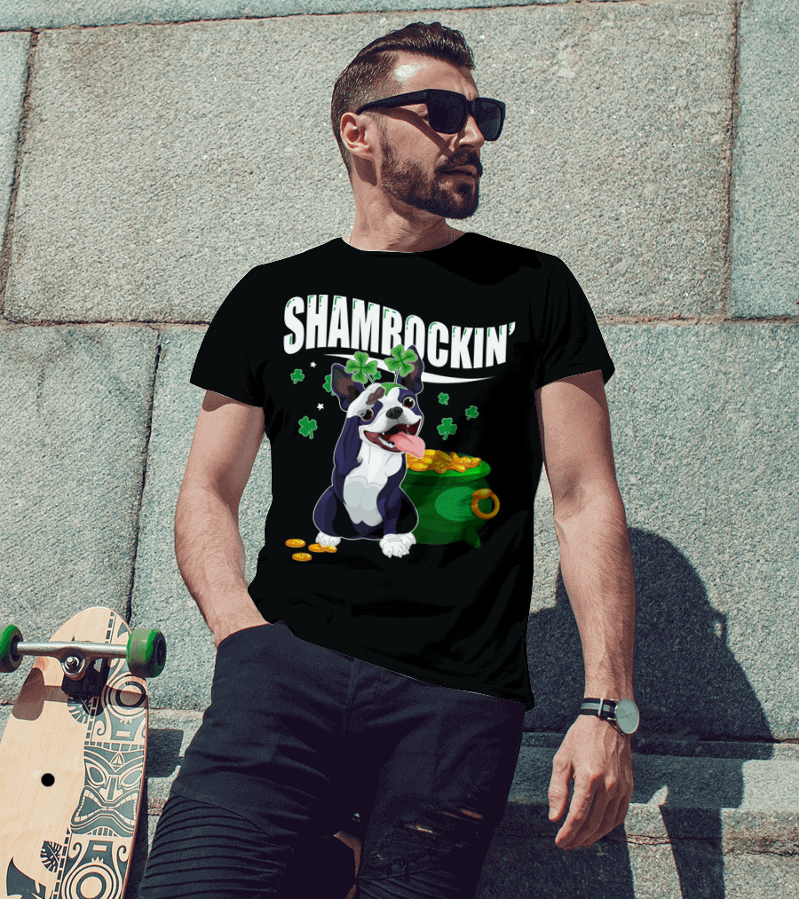 Shamrockin' Boston Terrier With Pot Of Gold And Clovers T-Shirt