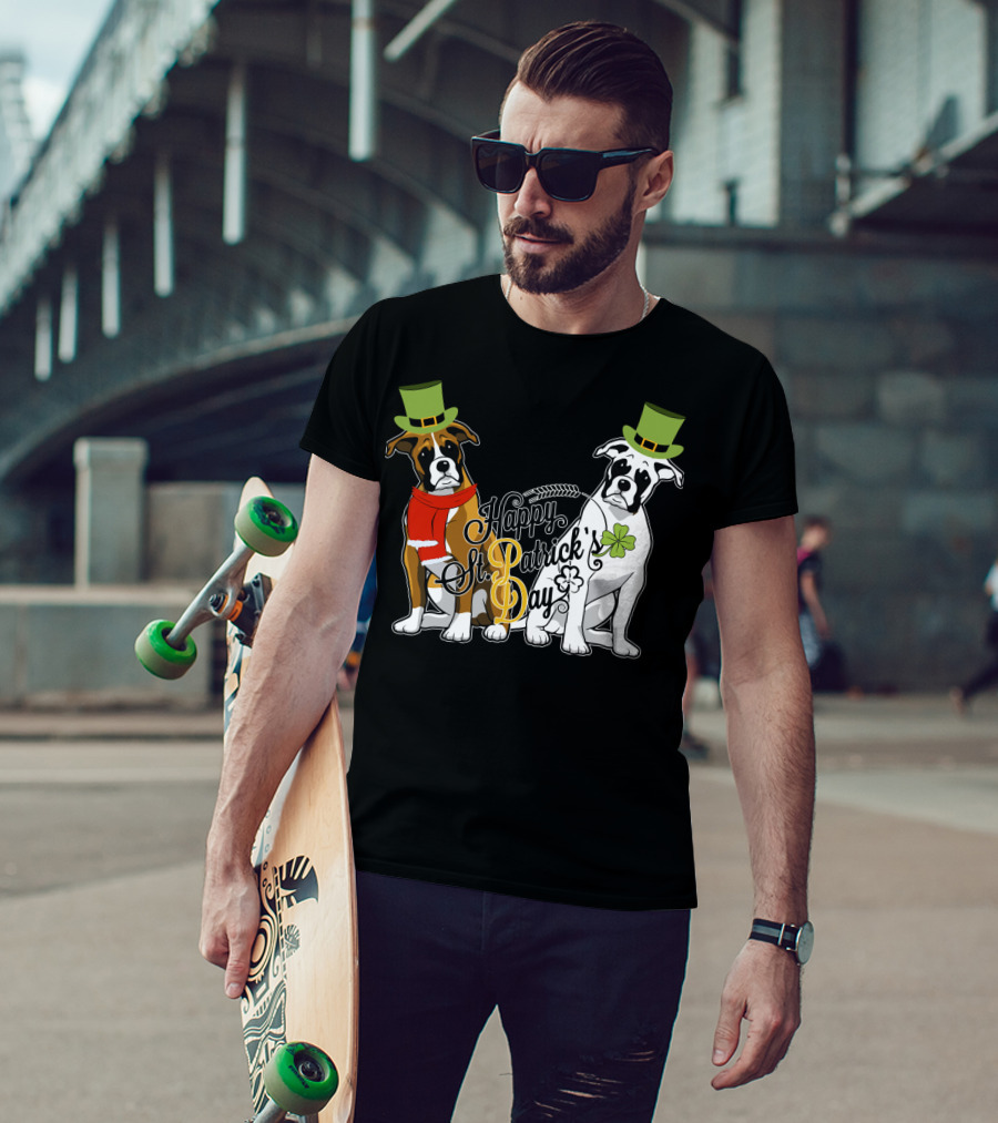 Happy St Patrick's Day Boxer Dogs With Shamrocks And Hats T-Shirt