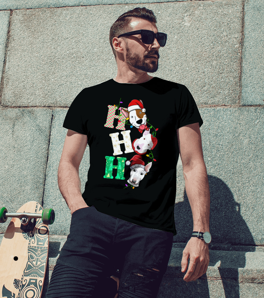 Ho Ho Ho Bullterrier Christmas Santa Hats T-Shirt