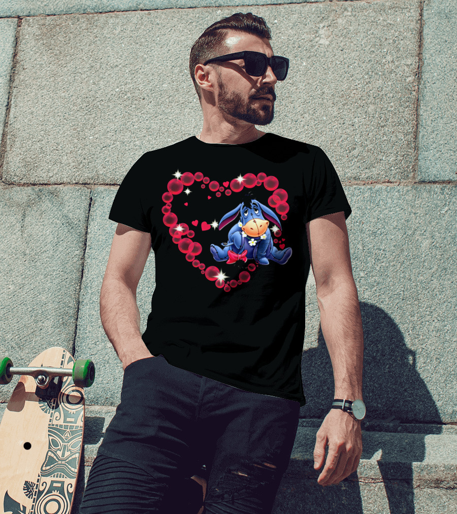 Eeyore Surrounded By Heart-Shaped Bubbles And Flowers T-Shirt