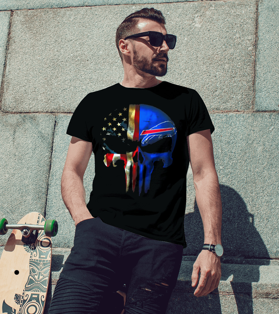 Skull Buffalo Bills American Flag Punisher NFL Logo Stars Stripes T-Shirt