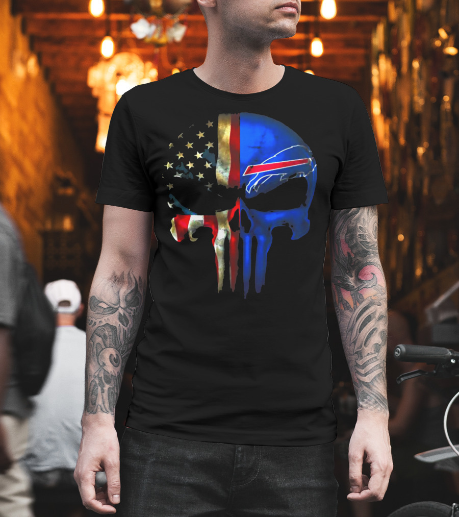 Skull Buffalo Bills American Flag Punisher NFL Logo Stars Stripes T-Shirt