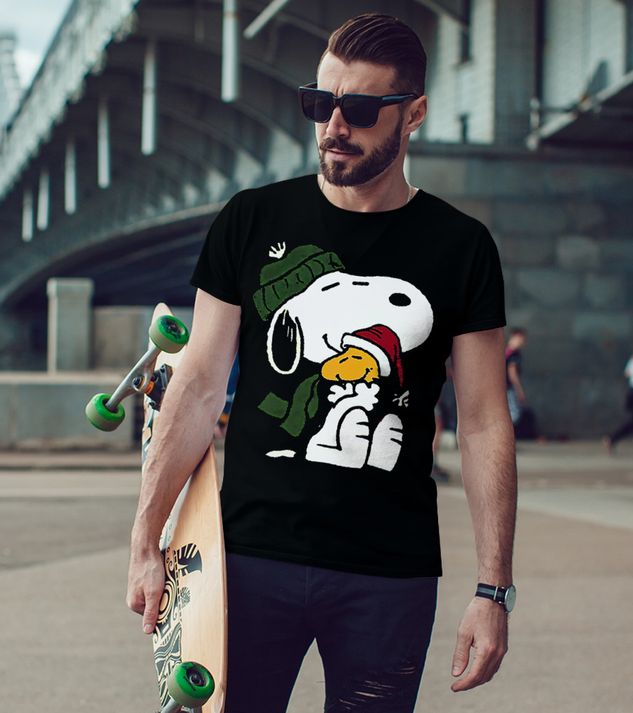 Snoopy Hugging Woodstock Winter Hat Scarf Christmas T-Shirt
