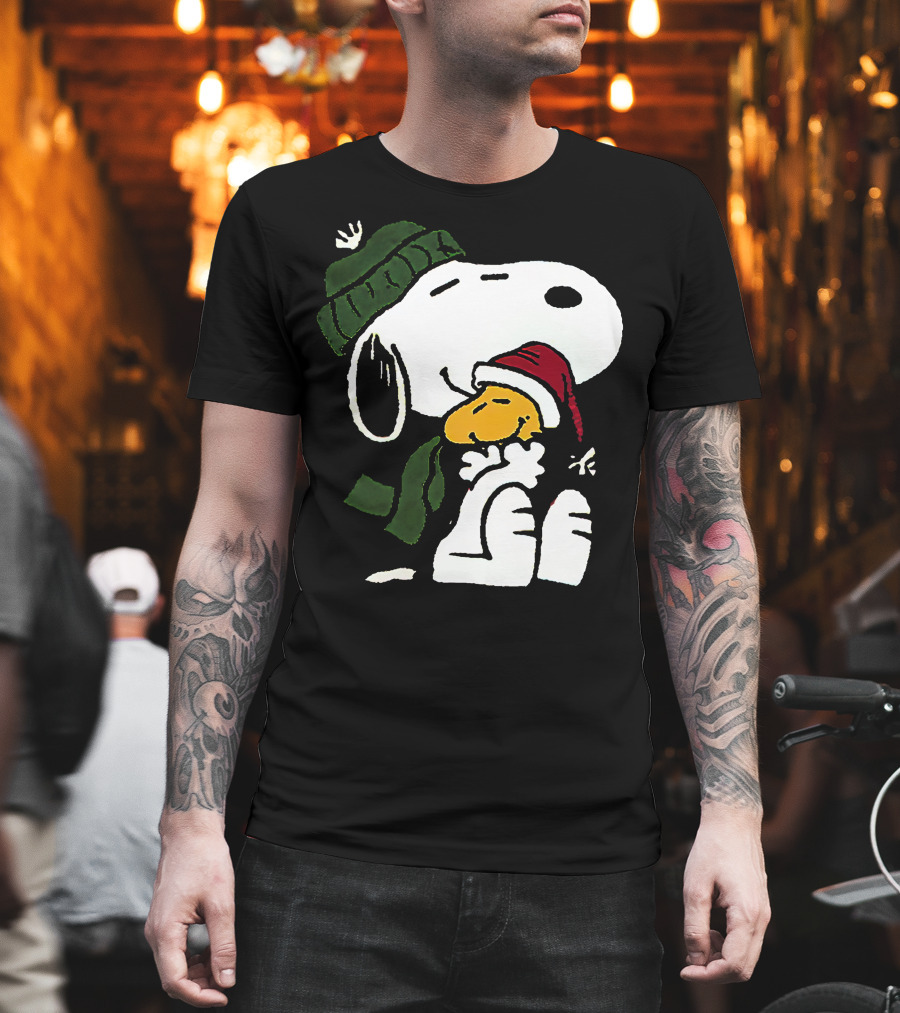 Snoopy Hugging Woodstock Winter Hat Scarf Christmas T-Shirt