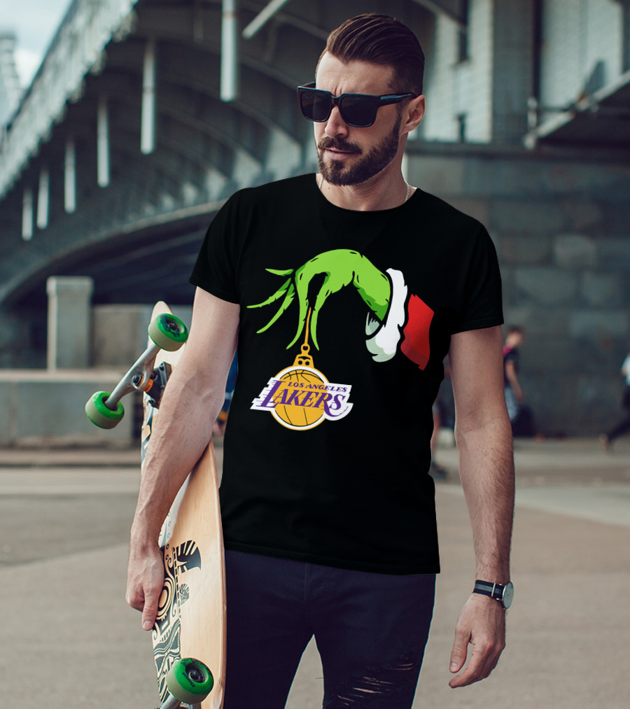 Grinch Hand With Santa Sleeve Holding Los Angeles Lakers T-Shirt