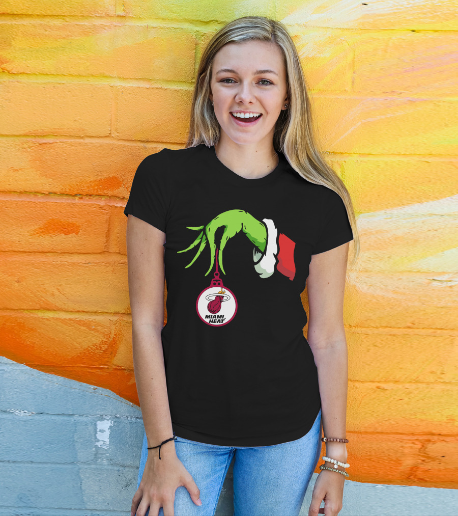 Grinch Hand With Miami Heat Ornament Holiday Sports T-Shirt