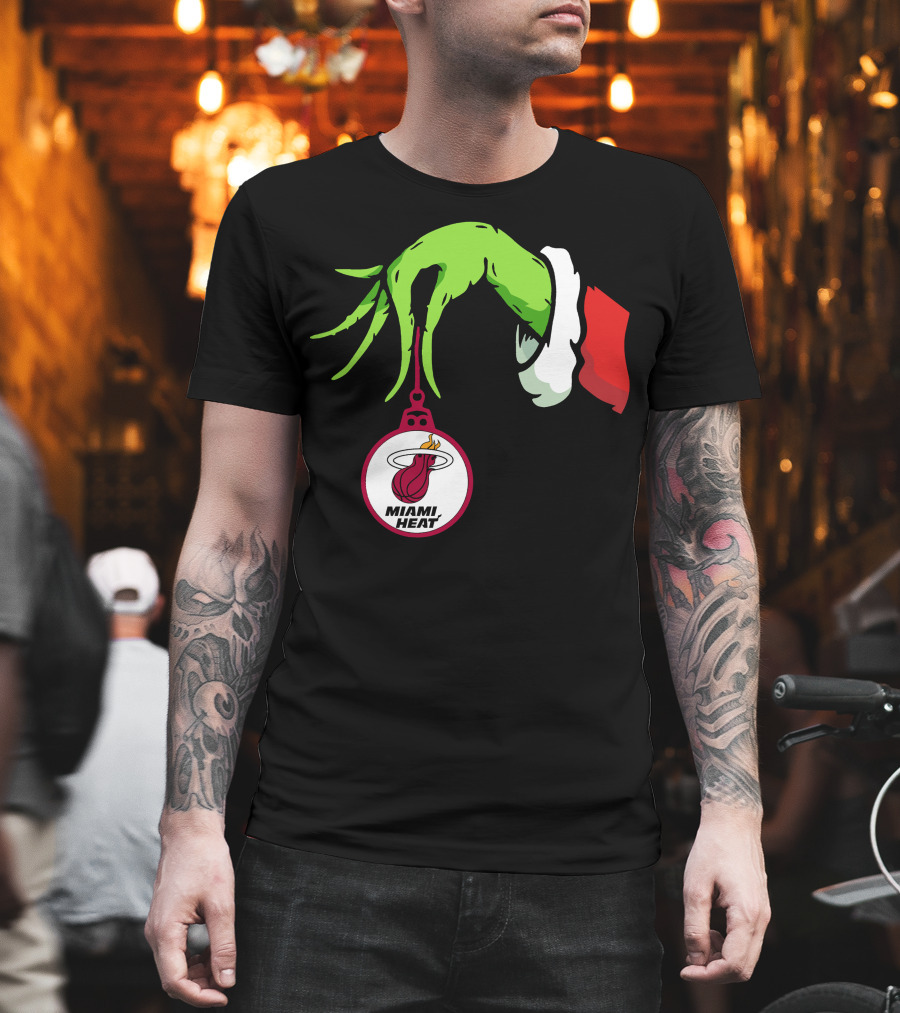 Grinch Hand with Miami Heat Ornament Holiday Sports T-Shirt