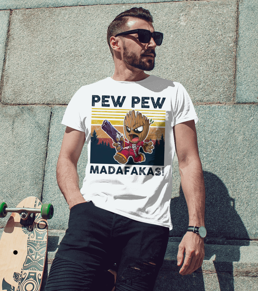 Pew Pew Madafakas Baby Groot Retro Forest Background T-Shirt