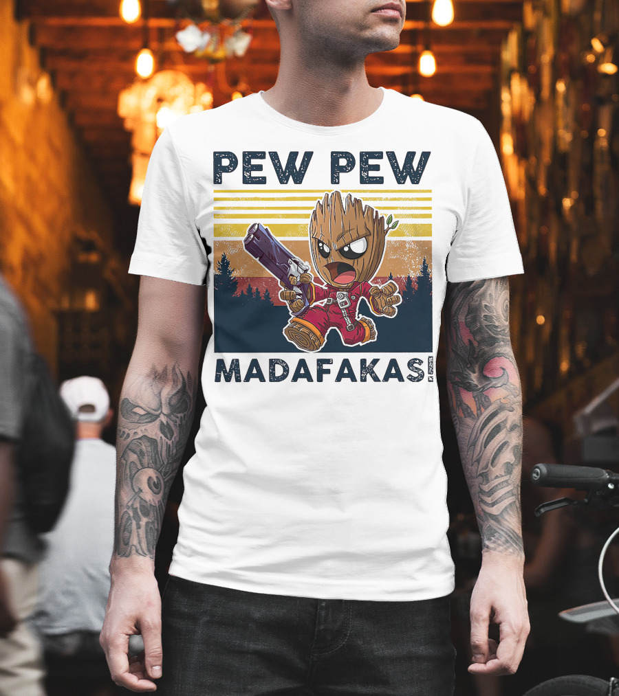 Pew Pew Madafakas Baby Groot Retro Forest Background T-Shirt