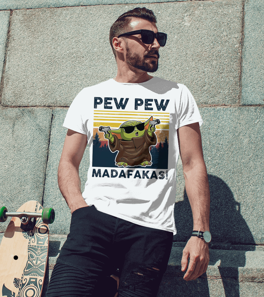 Pew Pew Madafakas Baby Yoda Retro Forest Sunset T-Shirt