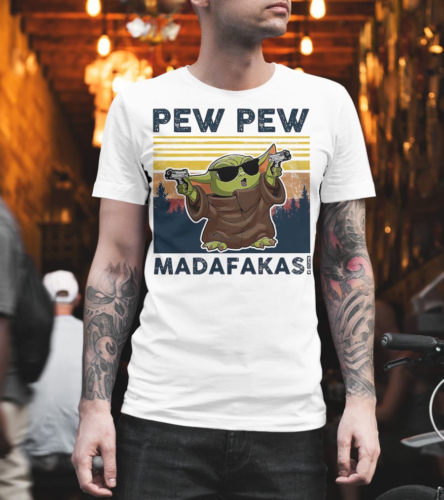 Pew Pew Madafakas Baby Yoda Retro Forest Sunset T-Shirt