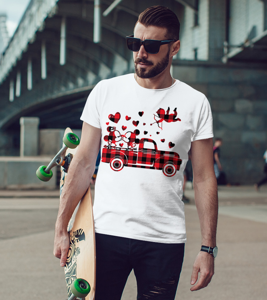 Buffalo Plaid Mickey Minnie Kissing In Truck With Hearts And Cupid Valentine T-Shirt