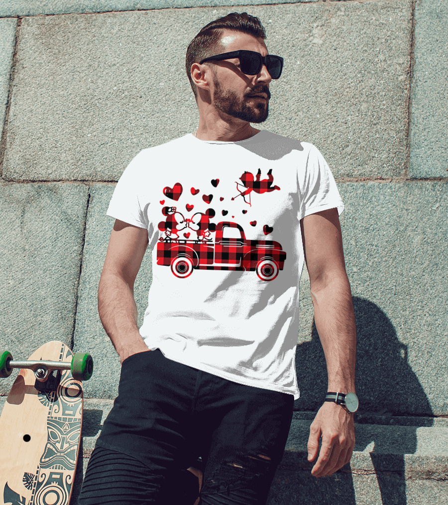 Buffalo Plaid Mickey Minnie Kissing In Truck With Hearts And Cupid Valentine T-Shirt