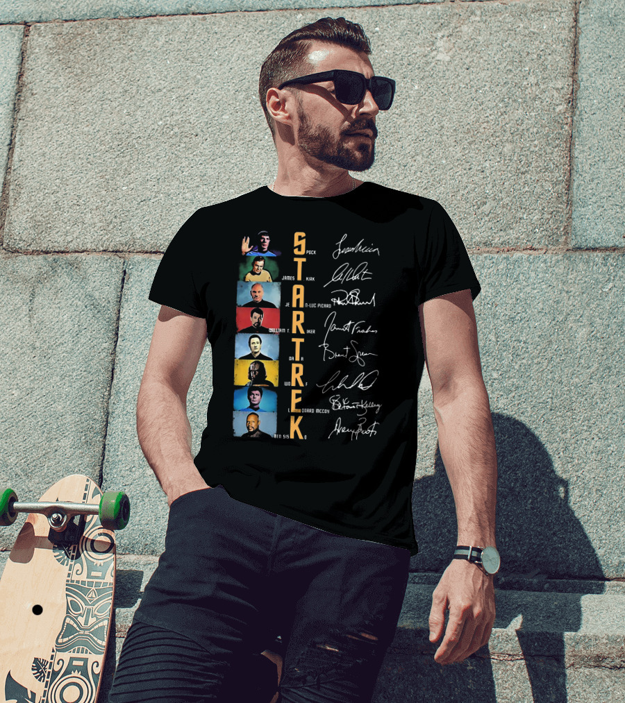 Star Trek Spock James Kirk Picard William T Riker Worf Leonard McCoy Ben Sisko Signatures T-Shirt