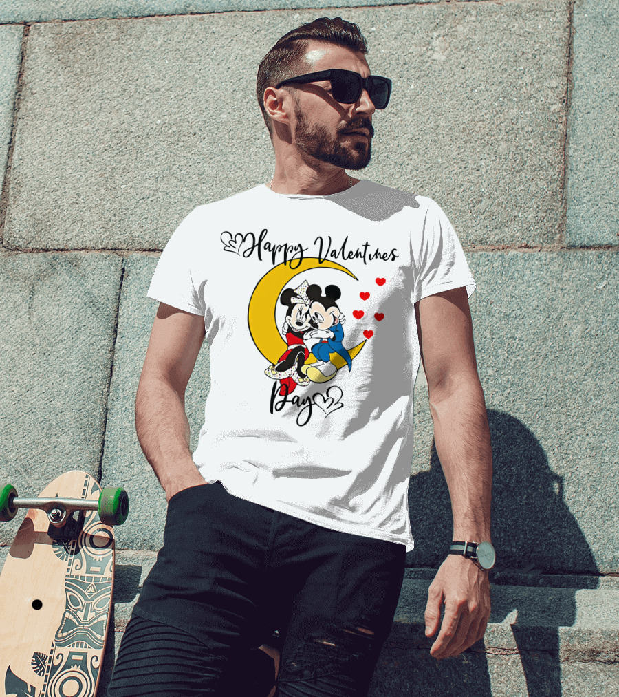 Happy Valentines Day Mickey Mouse And Minnie Mouse Cuddling On Crescent Moon With Hearts T-Shirt