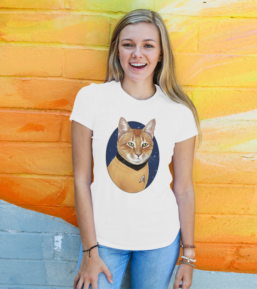 Star Trek Cat In Captain Uniform With Emblem On Starry Background T-Shirt