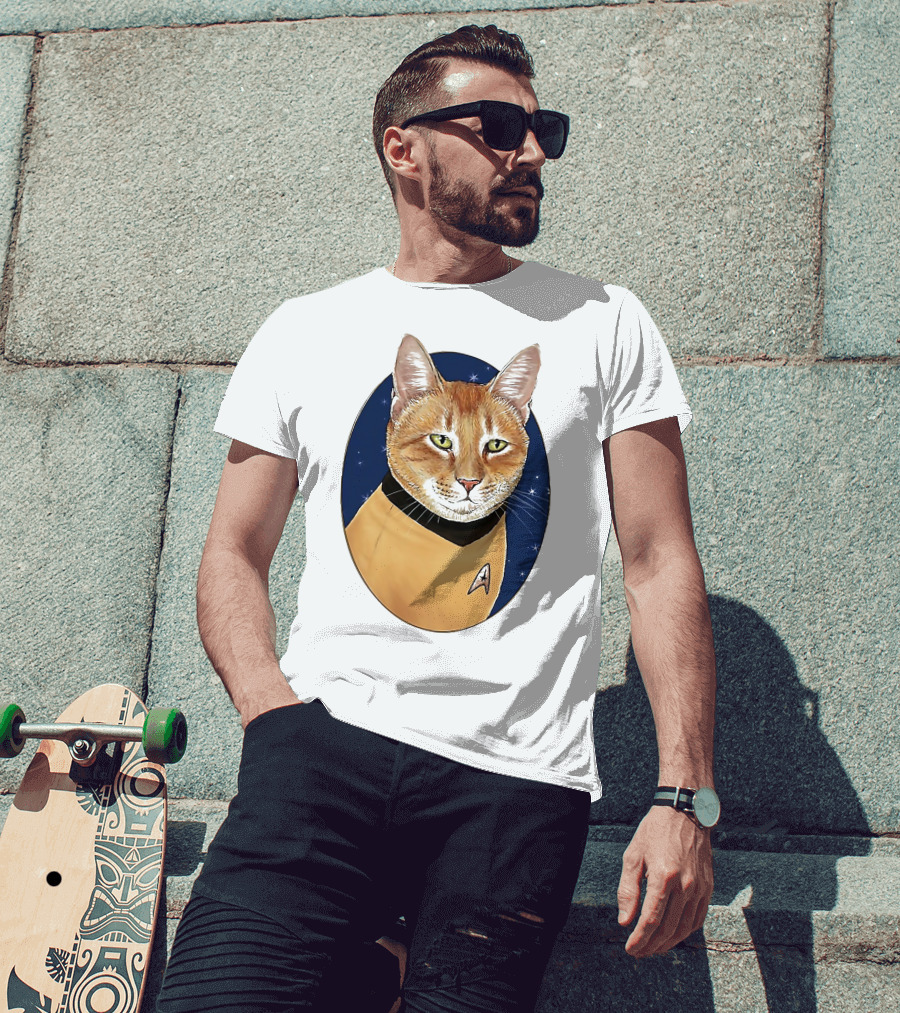 Star Trek Cat In Captain Uniform With Emblem On Starry Background T-Shirt