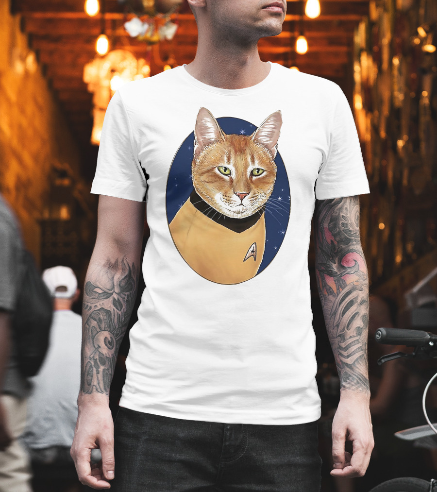 Star Trek Cat In Captain Uniform With Emblem On Starry Background T-Shirt