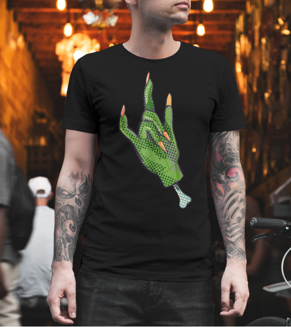 Celebrate 365 Halloween Witch Out Green Witch Hand with Long Orange Nails T-Shirt Celebrate 365 Halloween Witch Out Green Witch Hand with Long Orange Nails T-Shirt