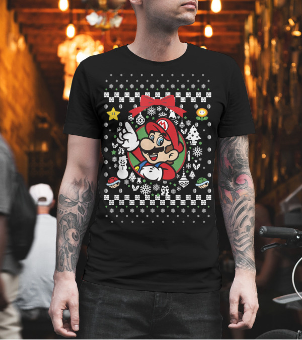 Super Mario Ugly Christmas Sweater Pattern with Classic Characters and Icons T-Shirt Super Mario Ugly Christmas Sweater Pattern with Classic Characters and Icons T-Shirt