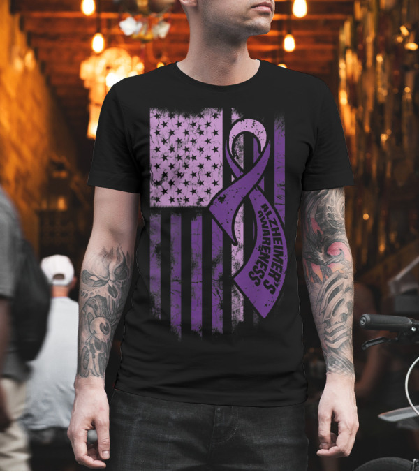 Purple Ribbon Alzheimer's Awareness with American Flag T-Shirt Purple Ribbon Alzheimer's Awareness with American Flag T-Shirt