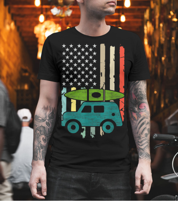 Kayaking Adventure Camper with Colorful American Flag Background T-Shirt Kayaking Adventure Camper with Colorful American Flag Background T-Shirt
