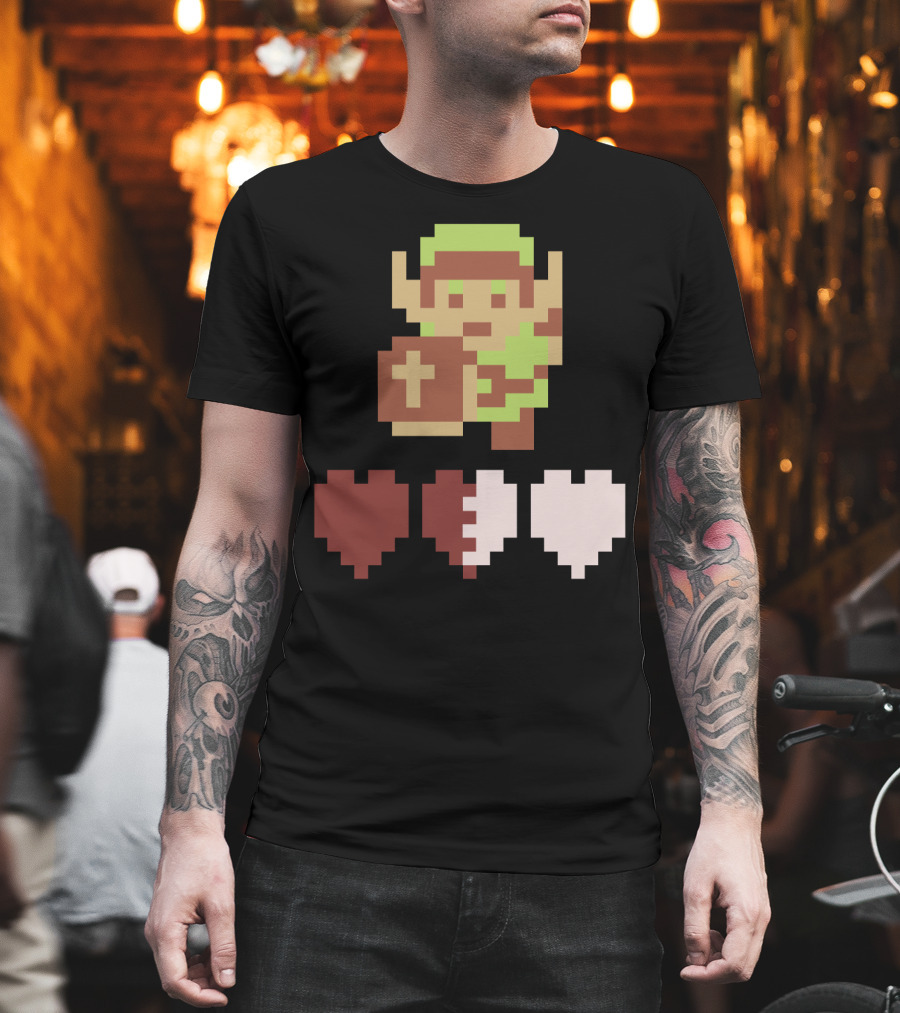 The Legend of Zelda Link Pixel Art with Heart Containers T-Shirt