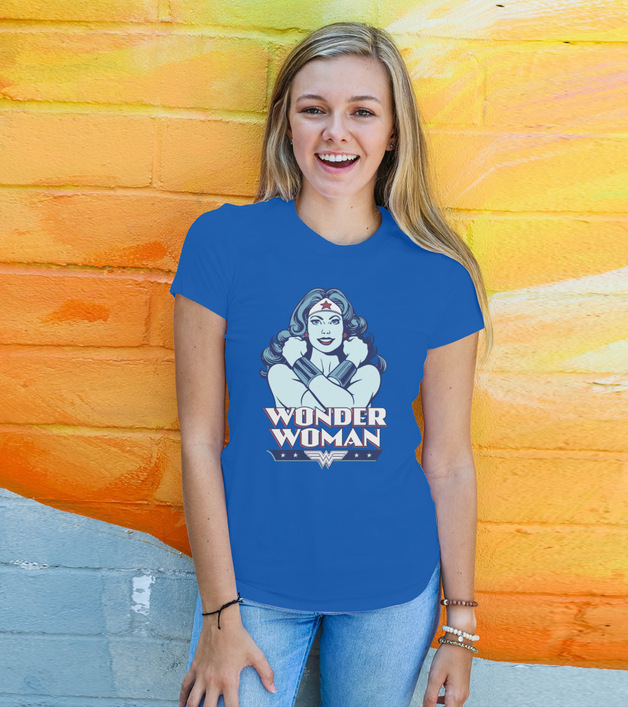 WONDER WOMAN Retro Blue Crossover Illustration With Star Headband And Arm Bracelets T-Shirt