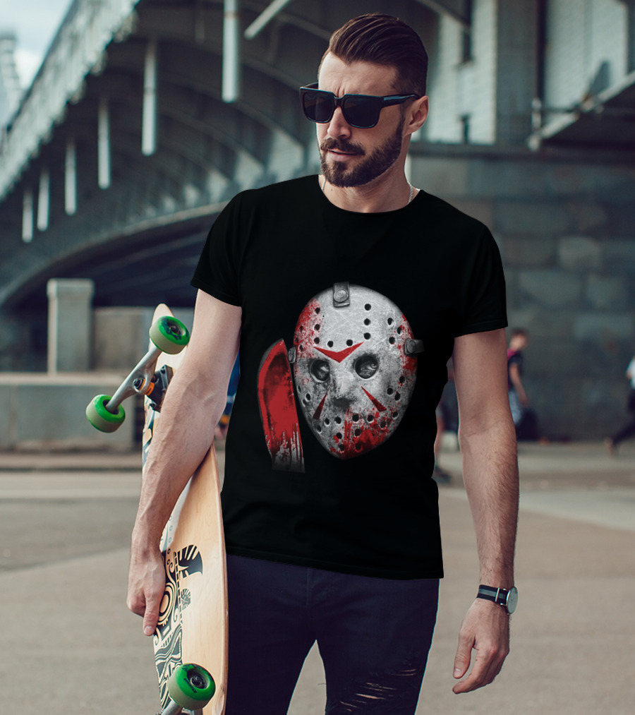 Friday The 13th Movie Jason Voorhees Mask With Bloody Machete Face T-Shirt