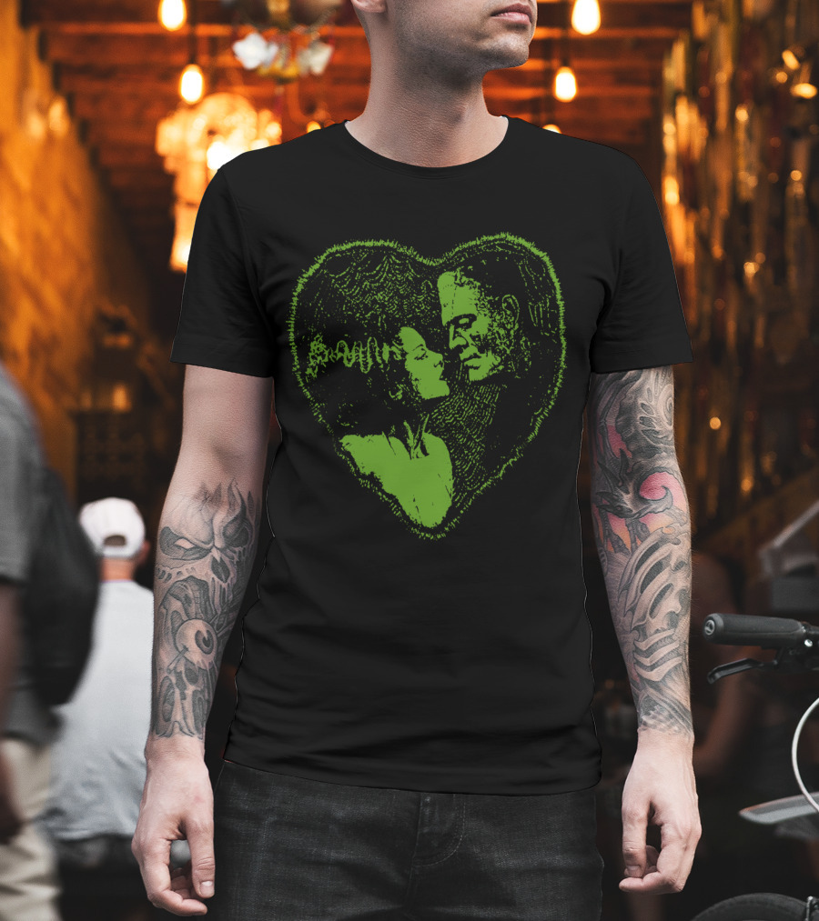 Frankenstein and Bride Heart Embrace Retro Horror Walking Dead TV Show Look T-Shirt