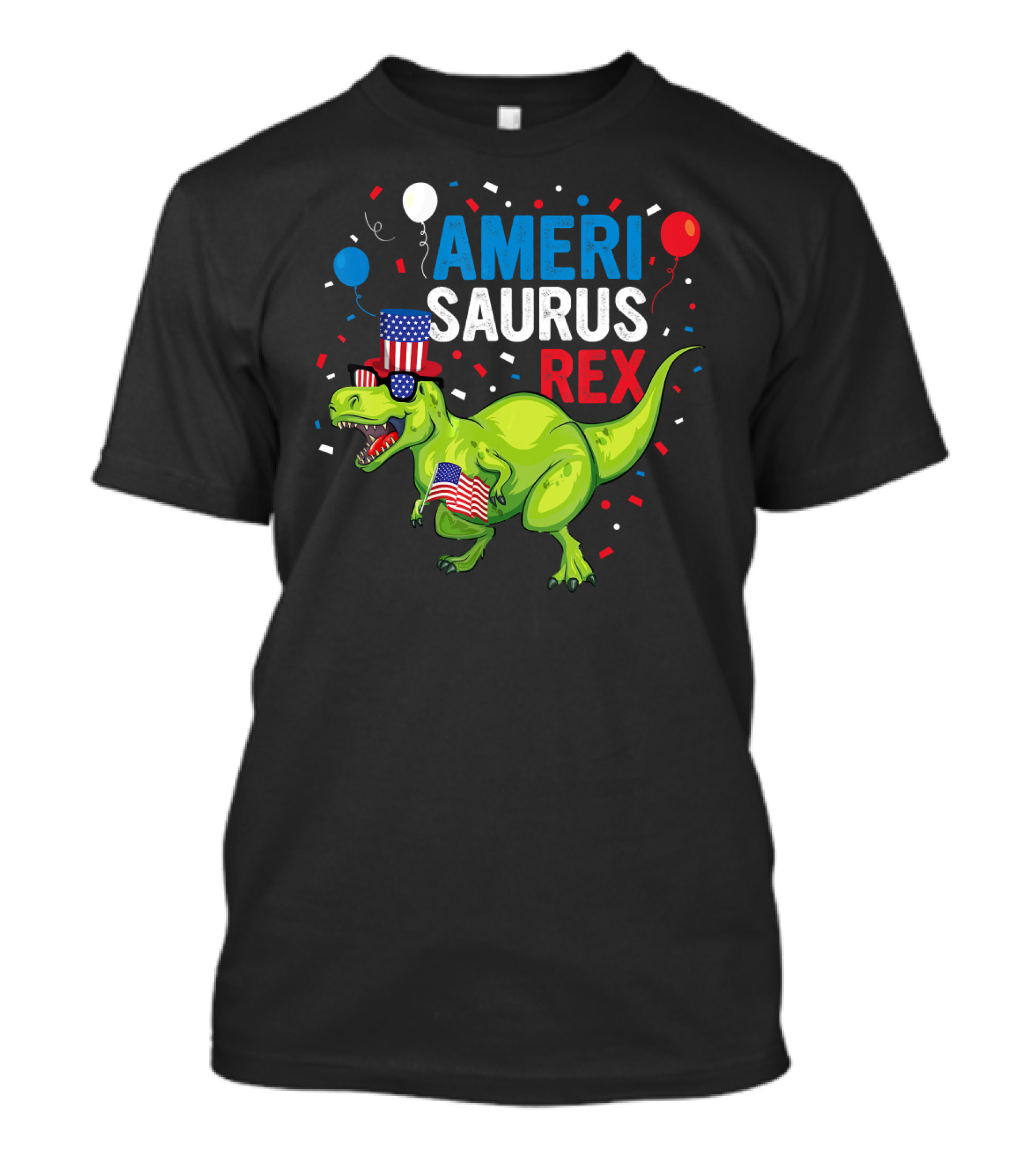AMERISAURUS REX 4th Of July Celebration With Patriotic Dinosaur, Flags, Balloons, And Red White Blue T-Shirt