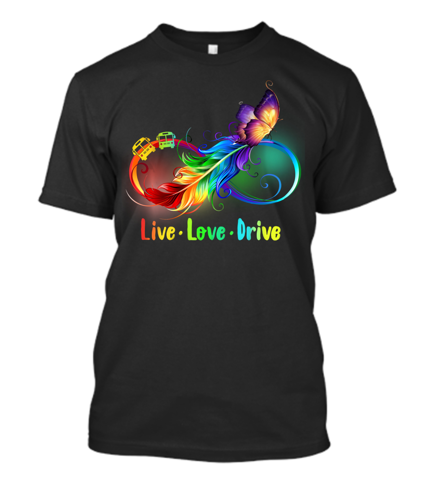 Live Love Drive Rainbow Butterfly And Buses Loop T-Shirt