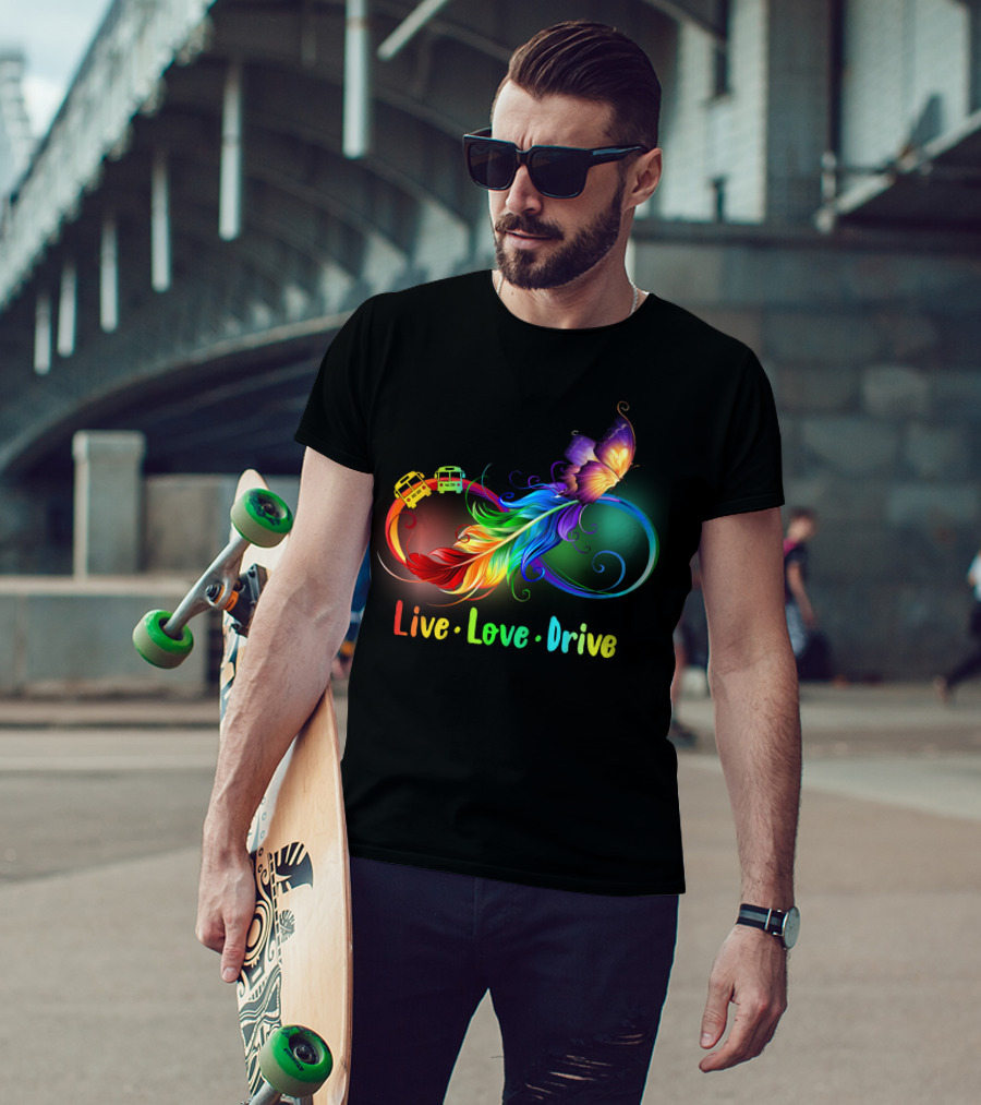 Live Love Drive Rainbow Butterfly And Buses Loop T-Shirt
