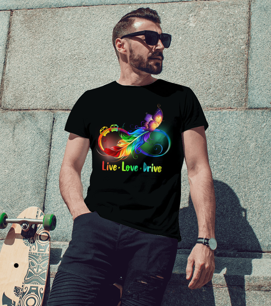Live Love Drive Rainbow Butterfly And Buses Loop T-Shirt