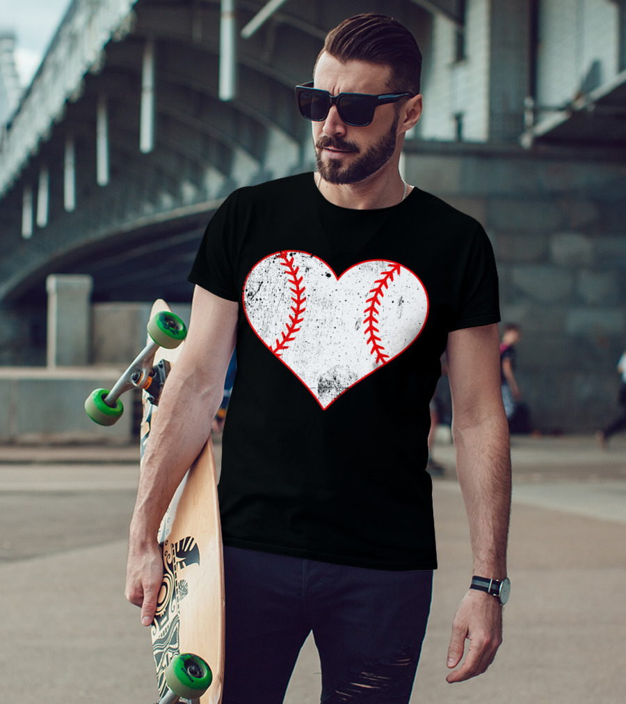 Baseball Distressed Heart Ball Red Stitching T-Shirt