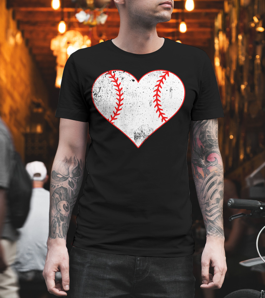 Baseball Distressed Heart Ball Red Stitching T-Shirt