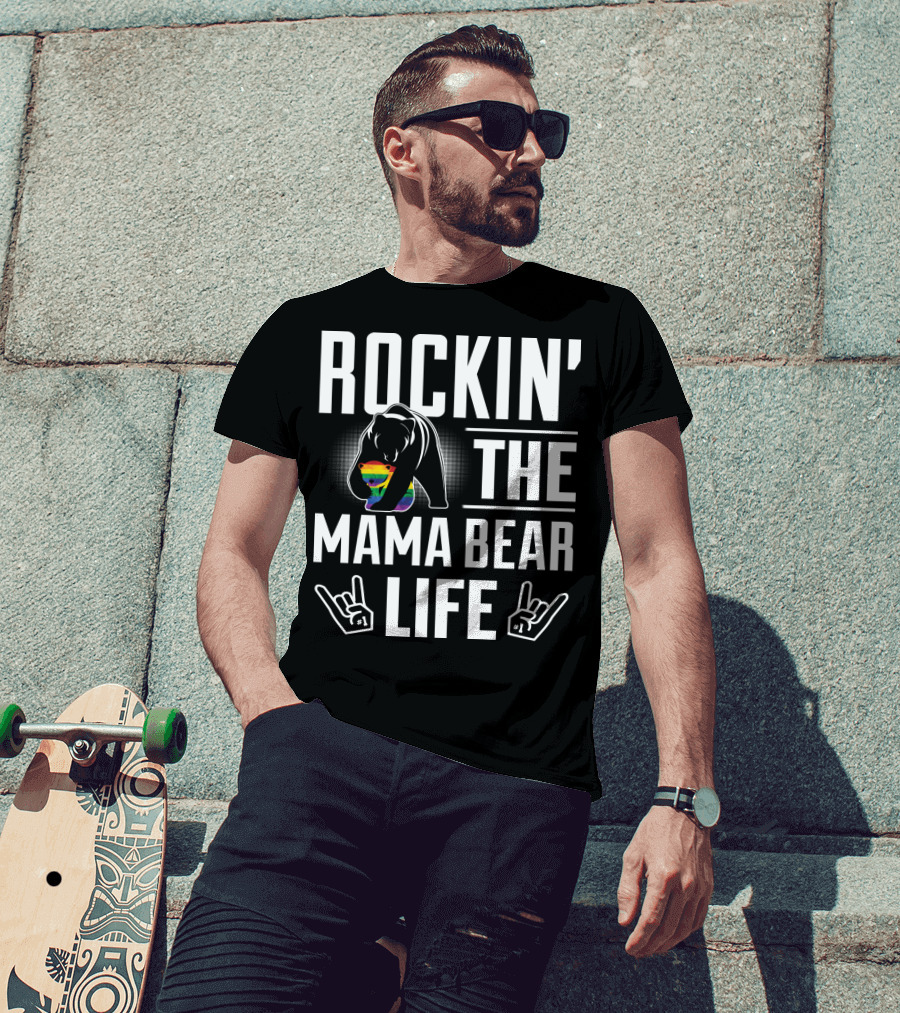 Rockin The Mama Bear Life Rainbow Pride Bear Rock Hands T-Shirt