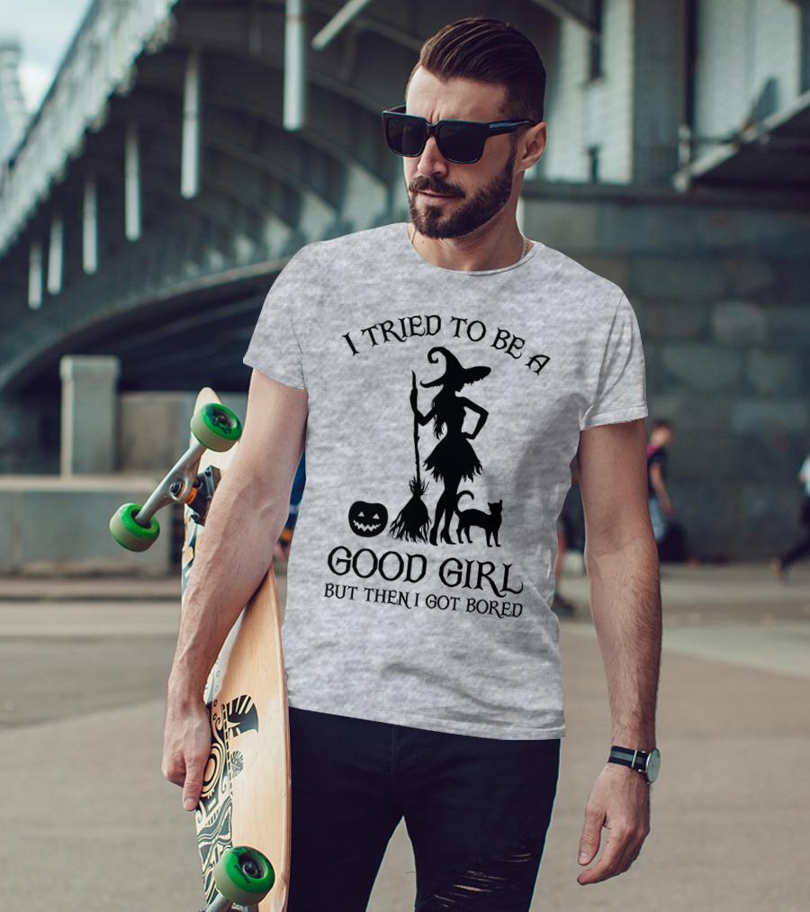 I Tried To Be A Good Girl But Then I Got Bored Witch Cat Pumpkin Broom T-Shirt