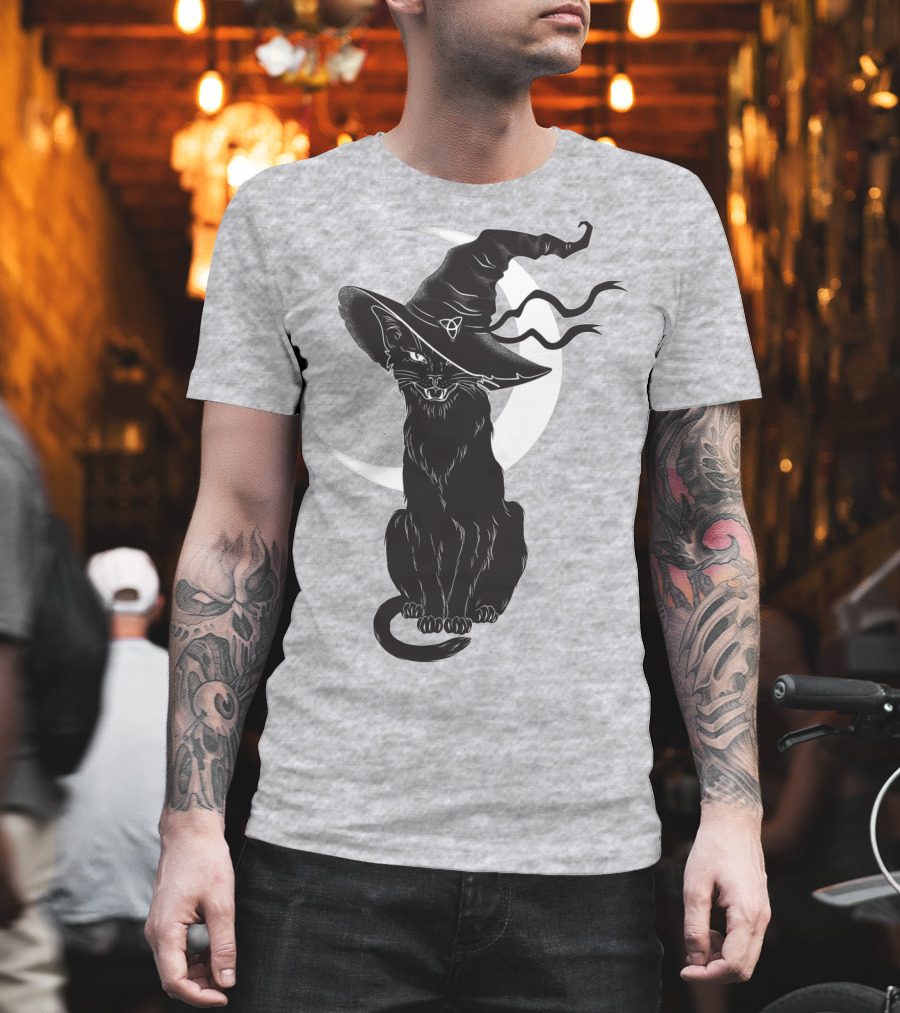 Cat Witch With Crescent Moon And Magic Hat T-Shirt