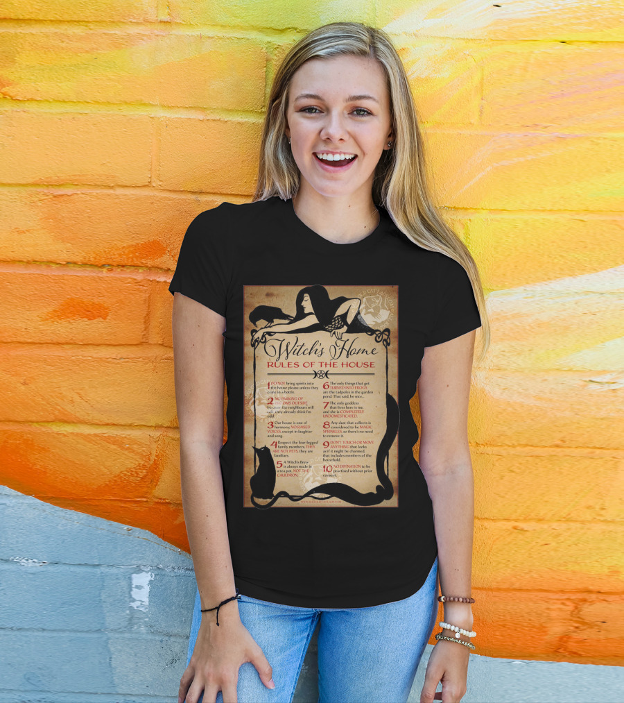 Witch's Home Rules Of The House Guide With Black Cat, Raven, Potion, Magic, And Enchanting Text Elements T-Shirt