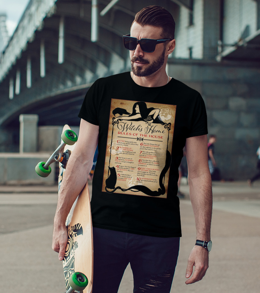 Witch's Home Rules Of The House Guide With Black Cat, Raven, Potion, Magic, And Enchanting Text Elements T-Shirt