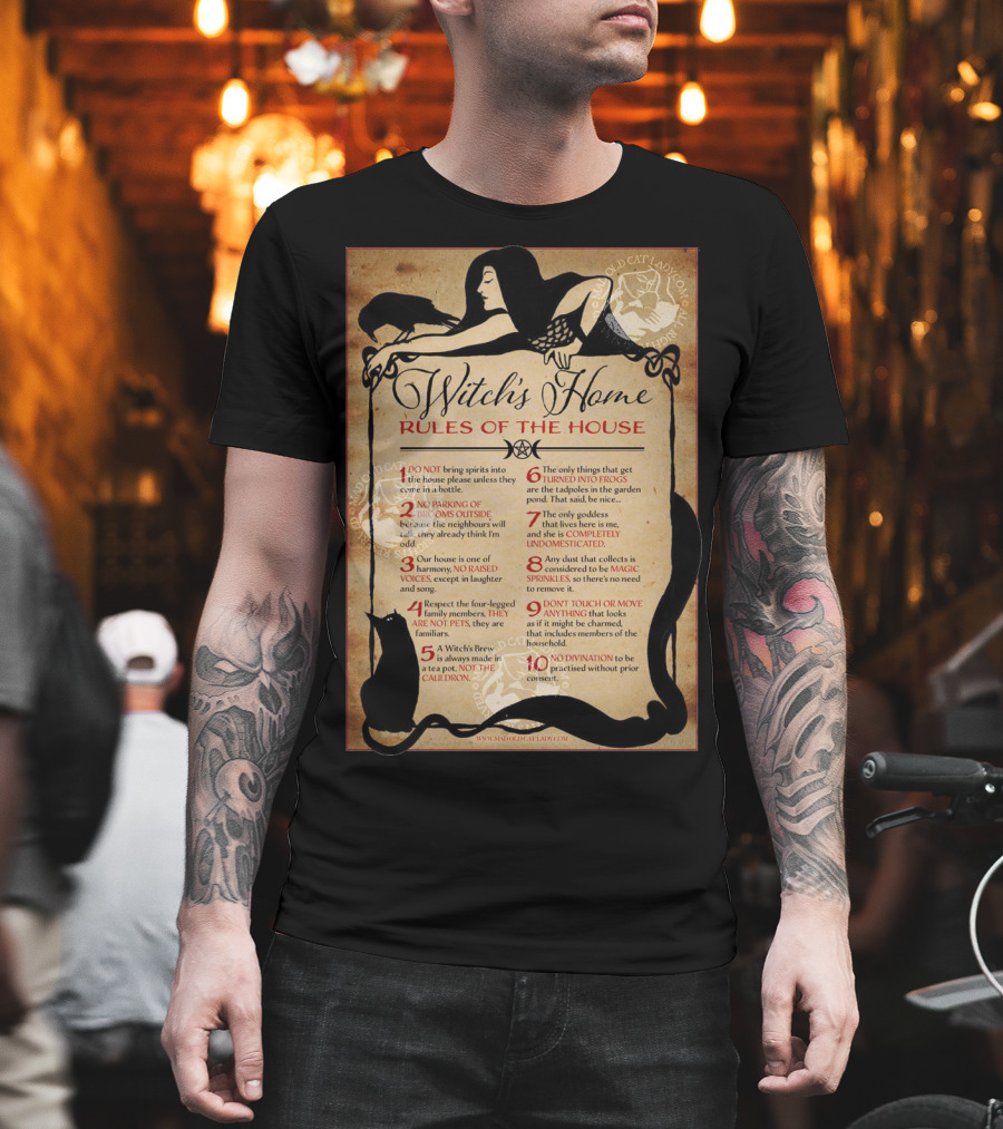 Witch's Home Rules Of The House Guide With Black Cat, Raven, Potion, Magic, And Enchanting Text Elements T-Shirt
