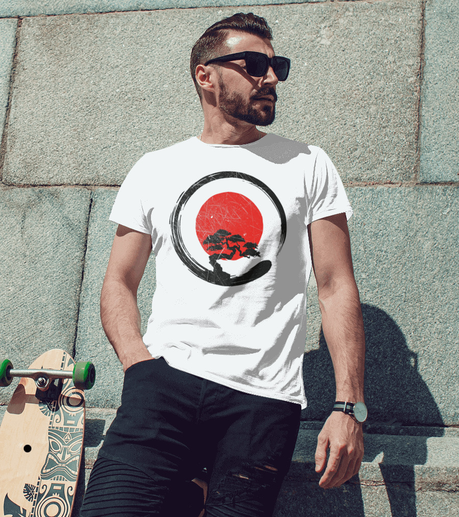 Buddhism Meditation Enso Circle With Red Sun And Bonsai Tree Zen Yoga T-Shirt