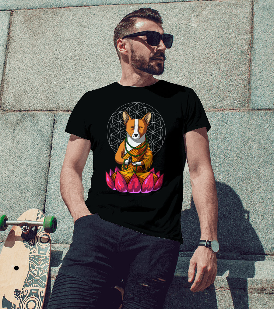 Corgi Dog Meditating In Buddha Pose With Lotus And Mandala Background T-Shirt