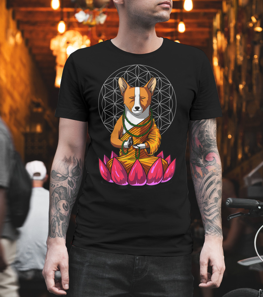 Corgi Dog Meditating In Buddha Pose With Lotus And Mandala Background T-Shirt