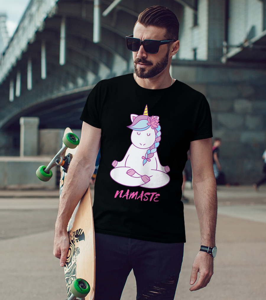 Namaste Unicorn Meditation Yoga Pose With Om Symbol And Flower Mane T-Shirt
