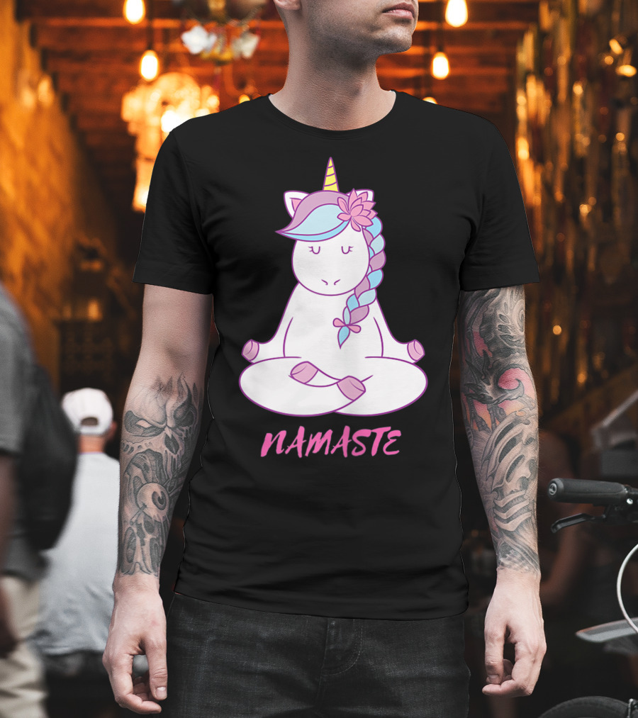 Namaste Unicorn Meditation Yoga Pose with Om Symbol and Flower Mane T-Shirt