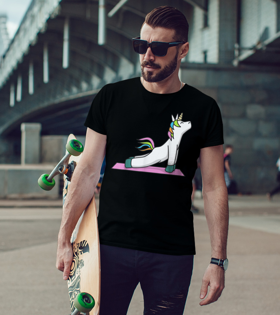 Cute Yoga Unicorn Meditation Fitness Pose With Rainbow Mane T-Shirt